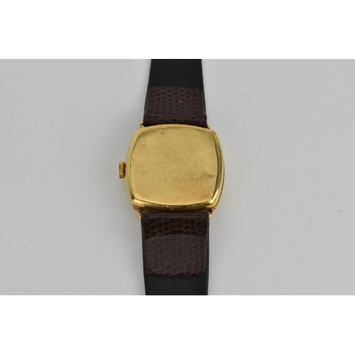 22 - An 18ct Longines cushion case wristwatch, having a signed enamel dial with black Arabic numerals, su... 