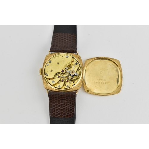 22 - An 18ct Longines cushion case wristwatch, having a signed enamel dial with black Arabic numerals, su... 