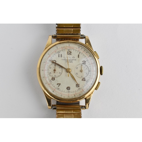 38 - A vintage gents LYLO chronographe Suisse 17 Rubis 18ct gold cased wristwatch with white dial having ... 