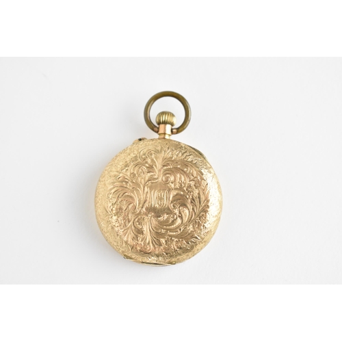 45 - A late 19th/early 20th century 14ct gold fob watch in an engine turned case with white dial having g... 