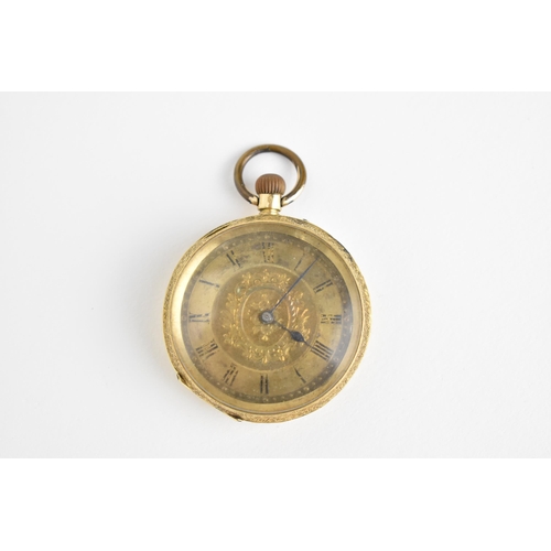46 - A late 19th century Swiss 18ct gold fob watch in an engine turned case with gilt dial having Roman n... 