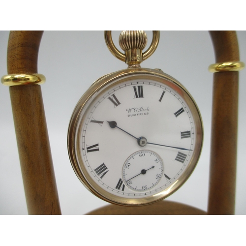 12 - A W.G.Park of Dumfries 9ct gold cased manual wind pocket watch, total weight 80.5g on treen stand ha... 