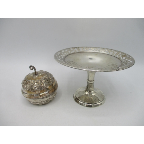 Two items of silver and white metal comprising a silver sweetmeat dish 110.8g, and a circular floral white metal trinket box with lid 64.2g 
Location: A2B
