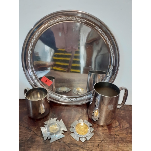 3 - A silver masonic plaque and companion together with a silver plated tray and two tankards
Location: ... 