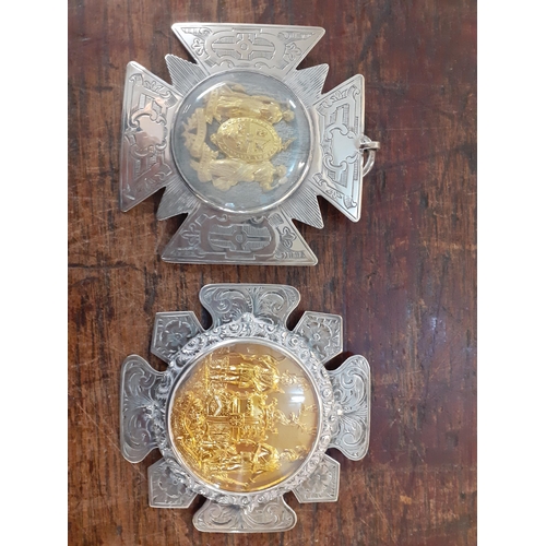 3 - A silver masonic plaque and companion together with a silver plated tray and two tankards
Location: ... 