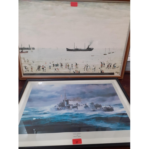 37 - Two prints comprising an unsigned Lowry coastal scene and a Robert Taylor HMS Kelly warship at sea
L... 