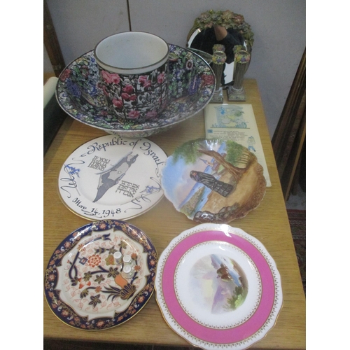 21 - Nineteenth century and later collectables to include a wash bowl, two Copeland plates, a Barbola mir... 