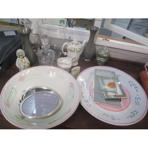 34 - A mixed lot to include a late 19th century glass and enamel lidded pot, two decanters, picture frame... 