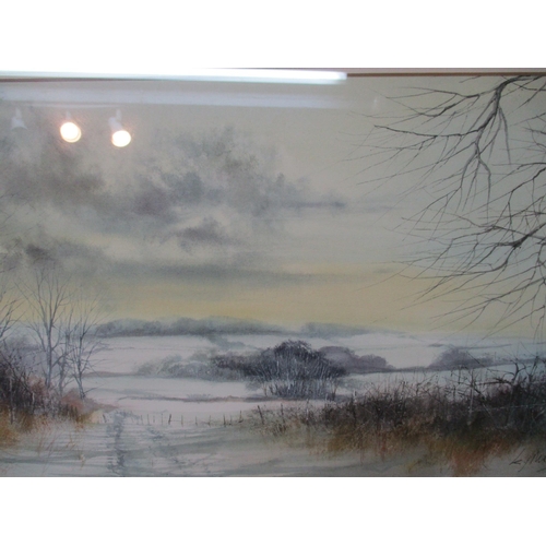60 - Ken J. Messer (1931-2018) - watercolour winter landscape scene of fields and trees, signed lower rig... 