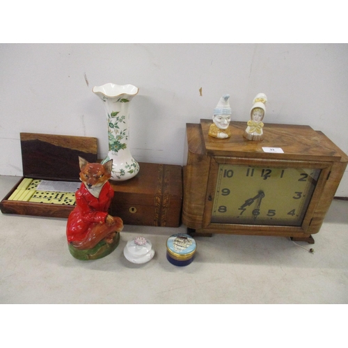 33 - A mixed lot to include a walnut mantle clock, parquetry inlaid box, dominoes and mixed porcelain to ... 