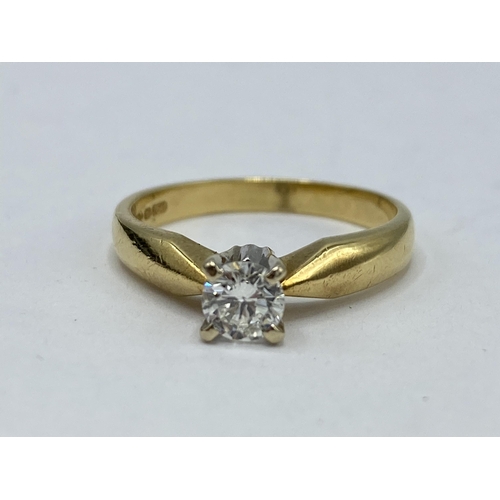 An 18ct gold, brilliant cut diamond solitaire ring, in a claw setting, approx 0.4ct, colour I/J and clarity SI stamped 750, size P, 4.2 grams
Location: CAB