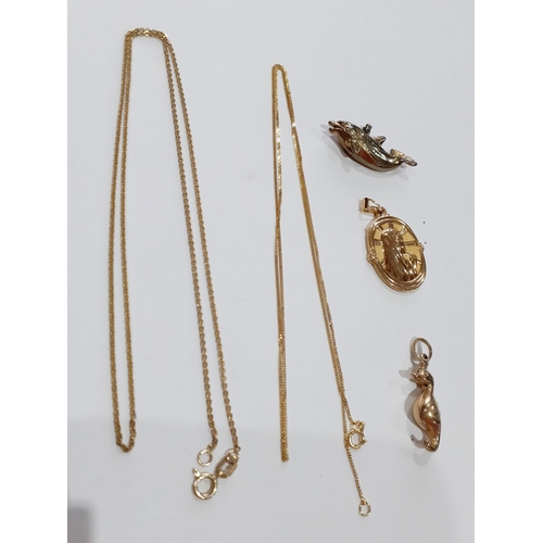 11 - A small group of gold jewellery comprising two 9ct gold chains stamped 375, a dolphin pendant stampe... 