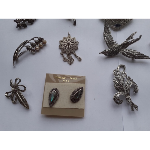 16 - A collection of vintage silver, marcasite and paste brooches to include a small cameo brooch stamped... 