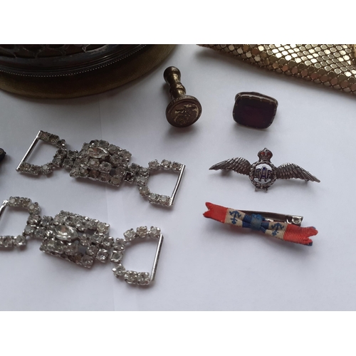 21 - Vintage costume jewellery to include 2 pairs of shoe buckles, 2 seals, a silver RAF sweetheart brooc... 
