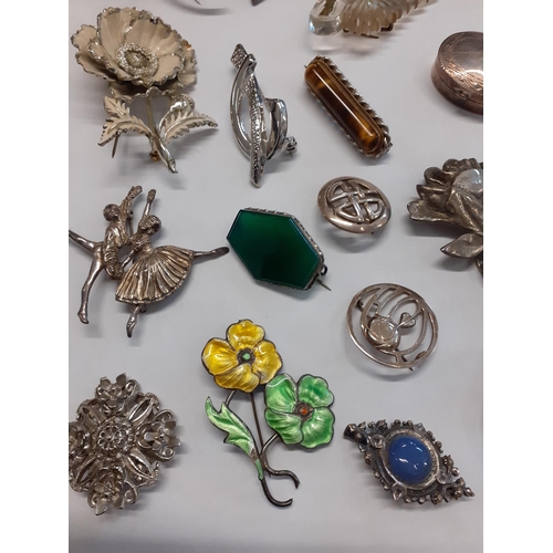 26 - Mixed costume jewellery to includer a silver brooch of 2 dancers, maker's initials D.H.P, a white me... 