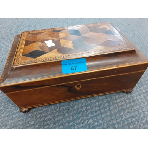 47 - A late 19th Century rosewood parquetry inlaid and footed (one deficient) jewellery casket housing mi... 