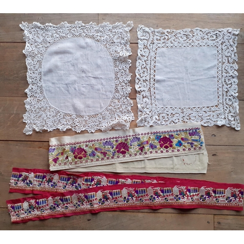55 - Two early 20th Century French white silk handkerchiefs with applique surround together with 2 embroi... 
