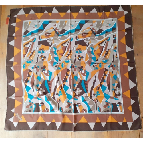 8 - Missoni- A vintage silk scarf in brown, orange, cream and turquoise colour-way, hand rolled edges, d... 