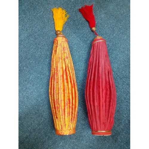 59 - Two 1970's Chinese cloth lanterns in red and orange with lacquered treen base and tassels
Location: ... 