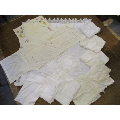 27 - Eight Victorian and Edwardian white cotton table cloths in square form with machine made insertions ... 