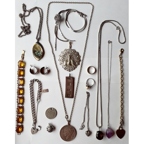 15 - A silver ingot together with silver and white metal costume jewellery to include a pair of hoop earr... 