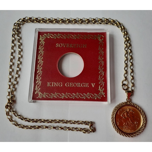 2 - A 1931 George V South African gold sovereign in a mount on a 9ct gold open link chain, 20.78g
Locati... 