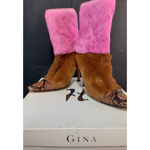 20 - Gina-A pair of Gina pony skin boots in tan and pink with contrasting faux snakeskin toe area, UK siz... 