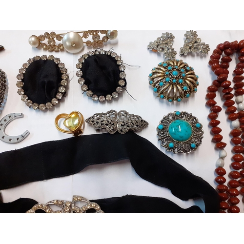 29 - Early to mid 20th Century costume jewellery, 2 Edwardian ladies black cloth belts with white metal a... 