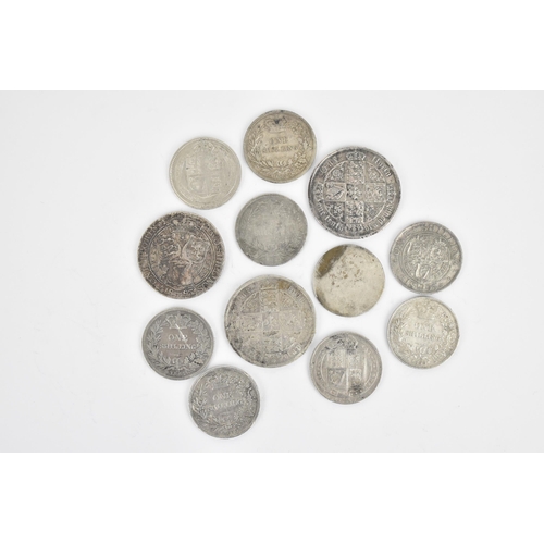 58 - Victoria (1837-1901) three silver florins to include a type B8 1873 example together with nine silve... 
