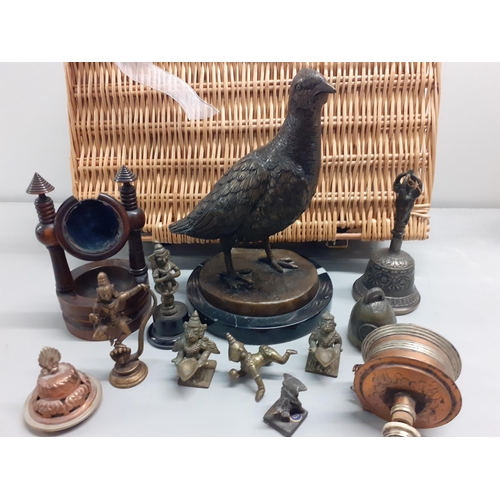 26 - A modern bronze model of a grouse, on a marble plinth and Tibetan and other metalware to include a p... 