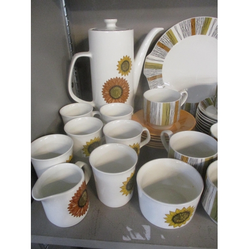 46 - Retro table ware and ceramic figures to include a J G Meakin coffee set, Midwinter Sienna coffee ser... 