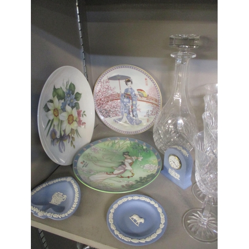 47 - A mixed lot to include a suite of cut table glass, Wedgwood blue Jasper china to include a mantle cl... 
