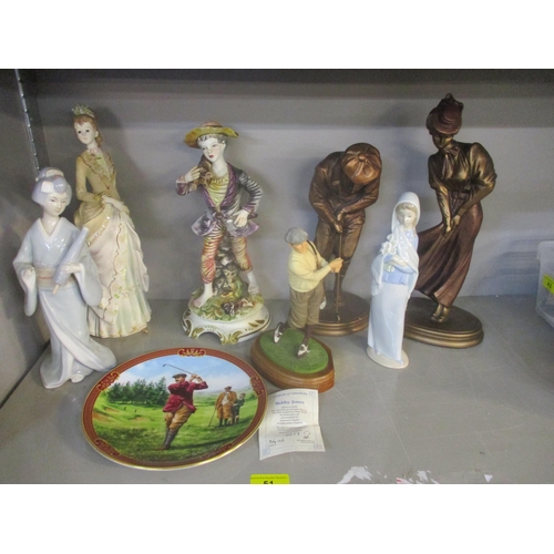 51 - A group of ceramic, bronzed and resin figurines to include two Austin sculptures of golfers, Lladro ... 