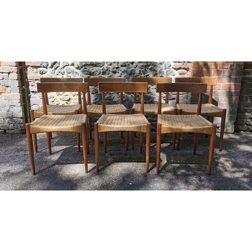 35 - A set of six Danish teak dining chairs by Arne Hovmand Olsen for Mogens Kold, with woven rattan seat... 