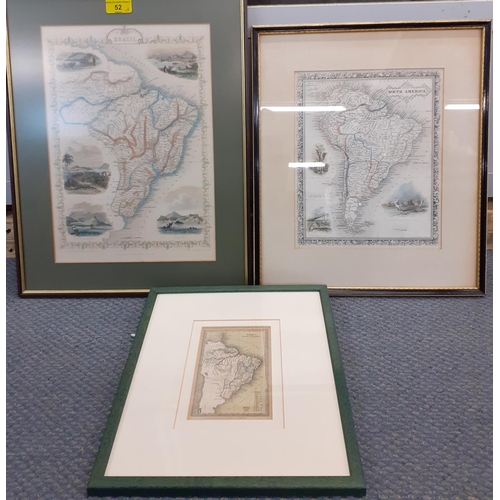 52 - Three framed maps to include a map of Brazil with Guiana and Paraguay, published for the proprietors... 