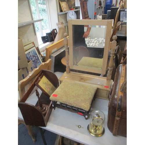 35 - A mixed lot to include an Edwardian footstool pine dressing table mirror, a canvas bound travel trun... 