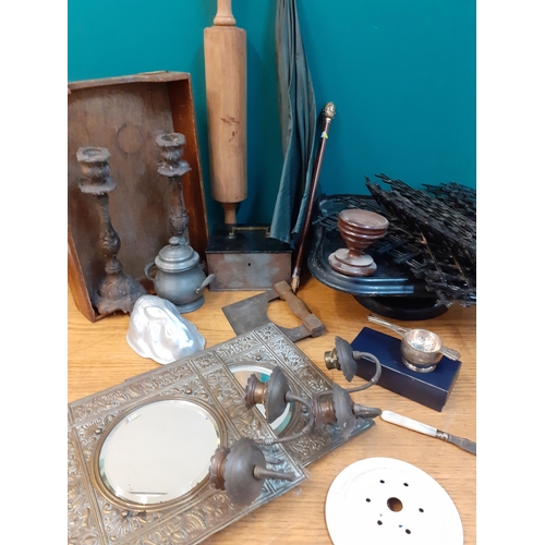 32 - A miscellaneous lot to include 'O' gauge track, an ebonised stand, a Mappin & Webb silver plated tea... 
