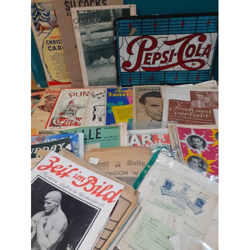 52 - Vintage ephemera to include receipts, a Pepsi Cola cardboard advertising sign, magazines and music s... 