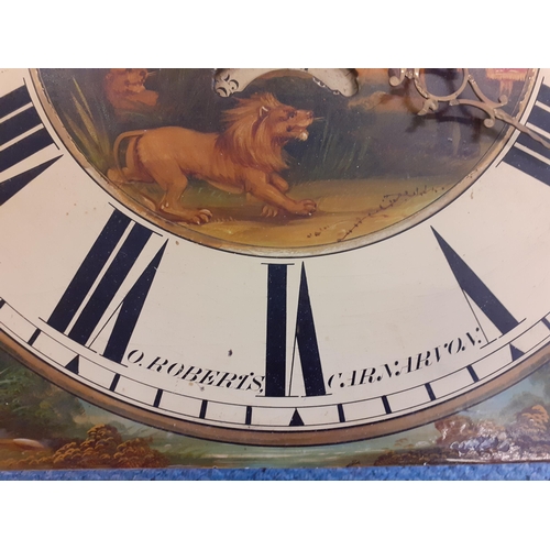 4 - A Georgian O.Roberts of Carnarvon arched top 8-day longcase clock movement painted with scenes of an... 
