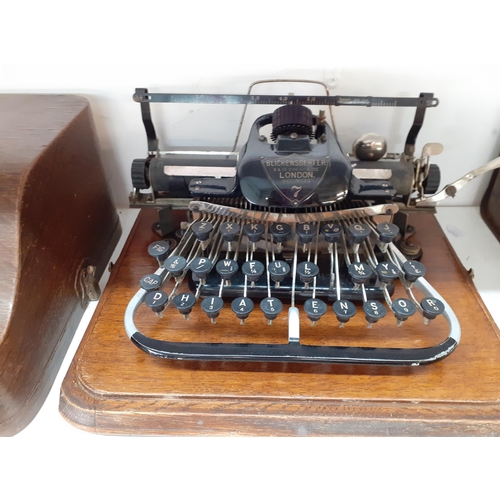 13 - Circa 1900's, an oak cased Blickensderfer typewriter A/F
Condition: the leather handle to the front ... 