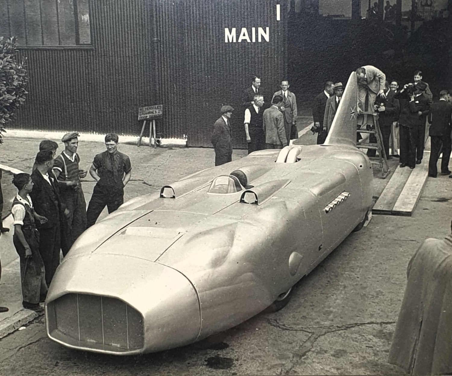 An Autocar monochrome photograph, Thunderbolt land speed record car