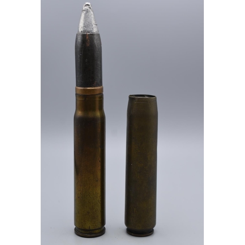 WWII British 20mm inert cannon bullet dated 1944 with a 20mm shell case