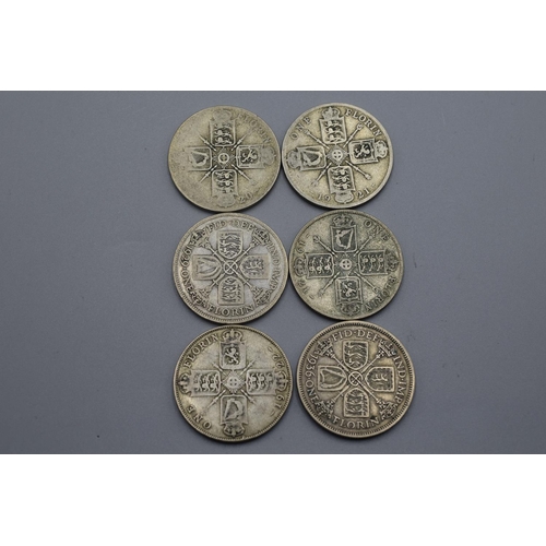 5 - Six George V Silver One Florins 1920, 1921 (x2), 1922, 1929 and 1936