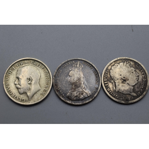 53 - Three Silver One Shillings 1819/1888 and 1920