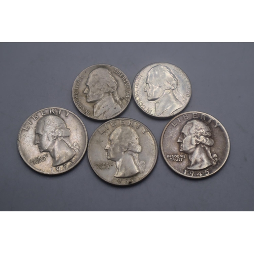 14 - USA 2x Five Cents and 3x Quarter Dollars 1945,1947,1966,1970 and 1973