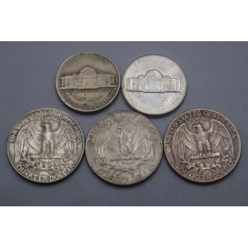 14 - USA 2x Five Cents and 3x Quarter Dollars 1945,1947,1966,1970 and 1973