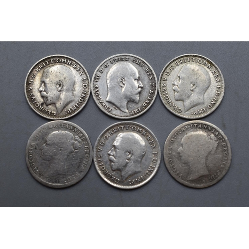 33 - Selection of Six Silver Three pence Coins (1887,1880,1902,1916,1917 & 1919)
