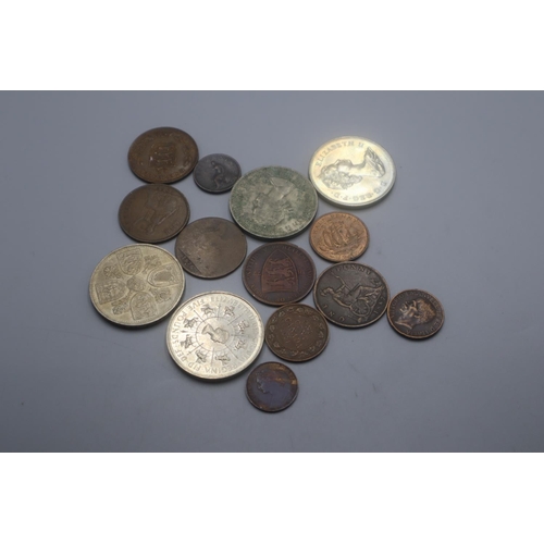 56 - Mixed Selection of Coinage Including Crowns and Tokens