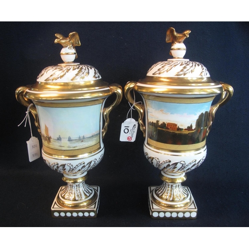 10 - Pair of well gilded Coalport lidded eagle urns commemorating the Bi-Centenary of John Constable and ... 