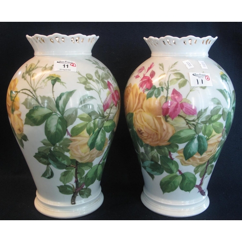 11 - Pair of late 19th/early 20th Century porcelain baluster vases, hand painted with roses and foliage. ... 